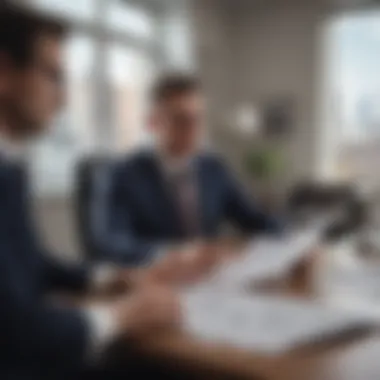 A couple reviewing mortgage documents with a mortgage broker in an office setting