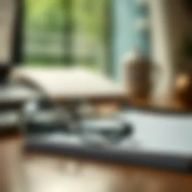 Close-up of eyeglasses on a table with a notepad