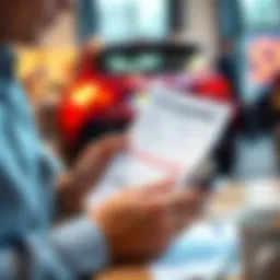 A person reviewing auto insurance documents with a calculator