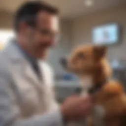 A happy dog with a vet in a clinic